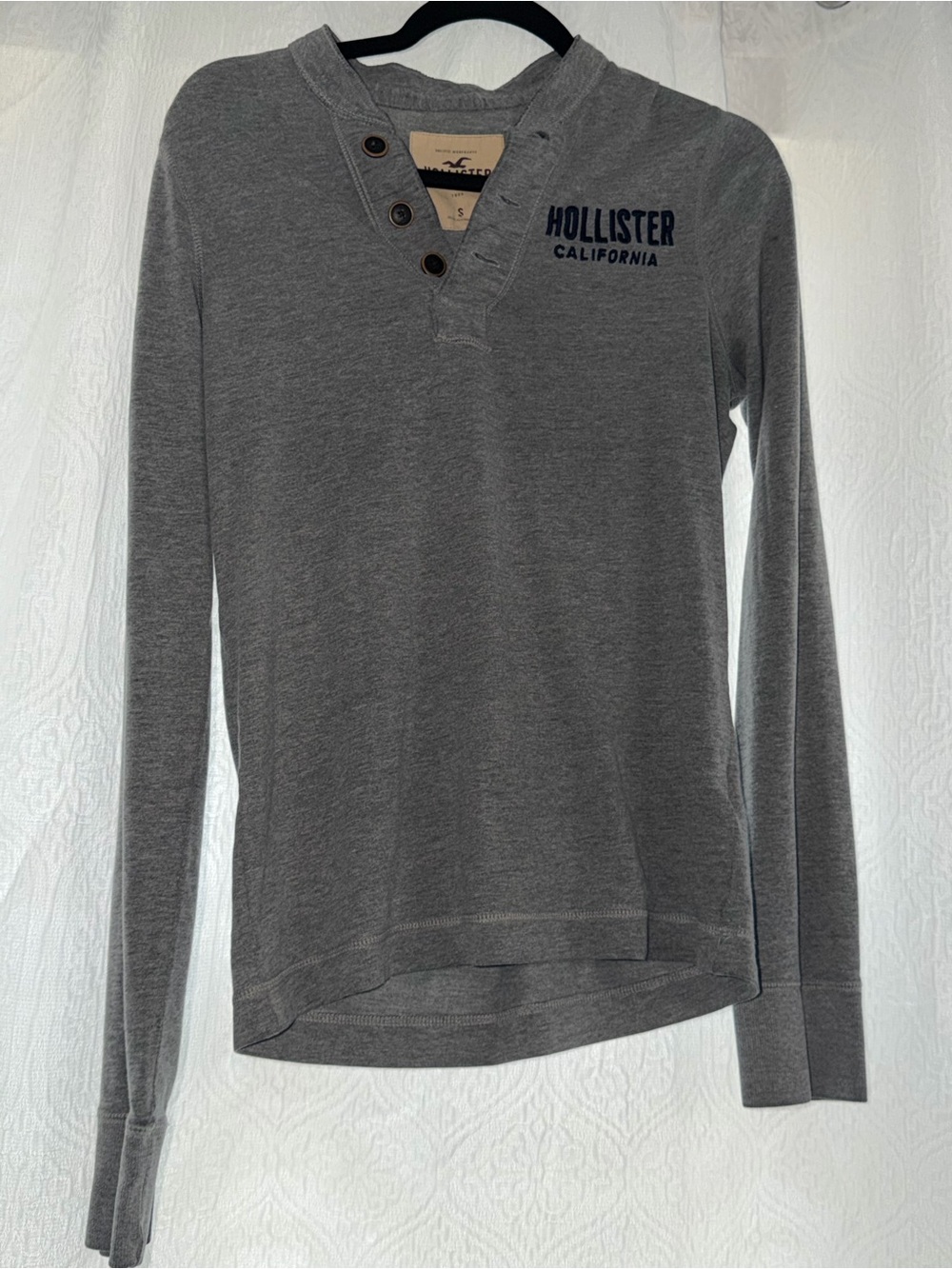 Hollister Gray Long-Sleeve Henley with Button Placket